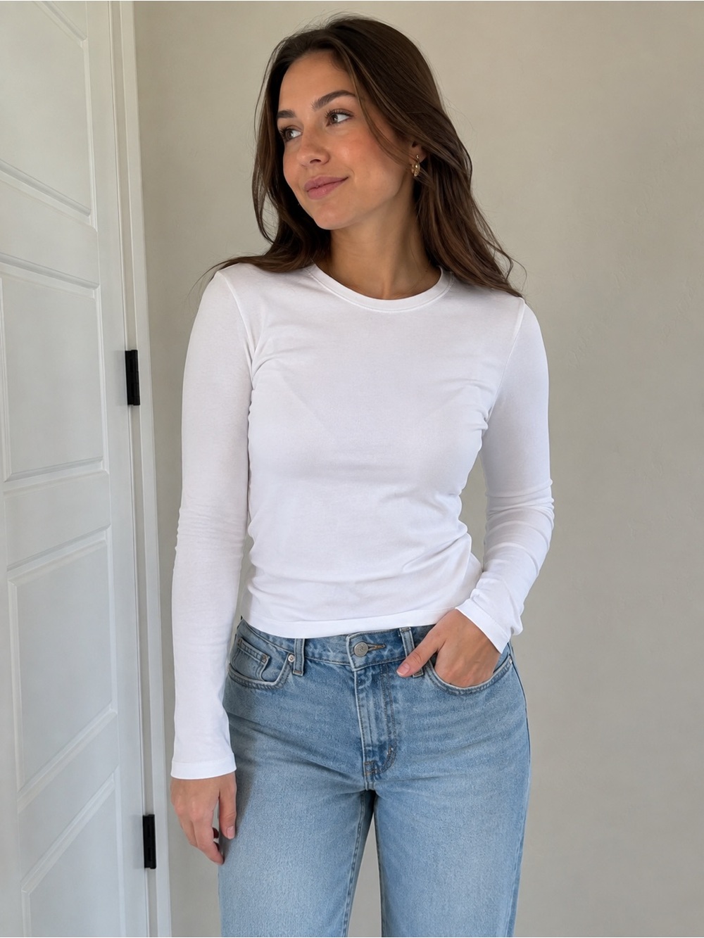 Quince Organic Cotton Stretch Fitted Long Sleeve Tee White Small